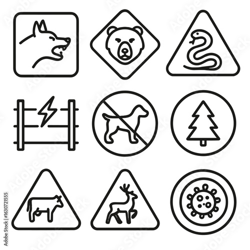 Animal Hazard Icons. Outline style icons of Animal and Wildlife Hazards: aggressive animal sign, bear zone alert, venomous snake
