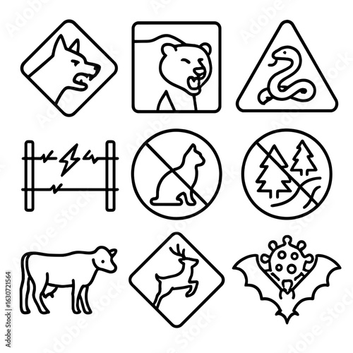 Animal Hazard Icons. Outline style icons of Animal and Wildlife Hazards: aggressive animal sign, bear zone alert, venomous snake