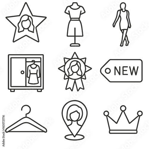 Fashion Icon Designs. Outline style icons of Fashion Iconography: fashion star, trending outfit, runway pose, closet icon,