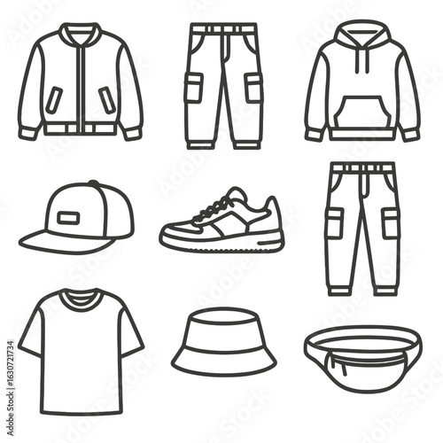 Urban Style Icons. Outline style icons of Streetwear and Urban Style: bomber jacket, baggy jeans, hoodie, snapback cap, sneakers,