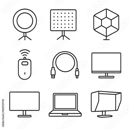 Photography Studio Icons. Outline style icons of Photography studio: Ring light, LED panel light, grid modifier, octabox softbox,