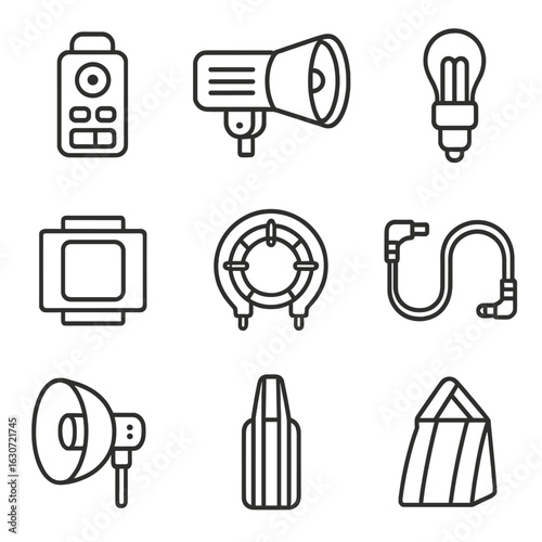Photography Studio Icons. Outline style icons of Photography studio: Remote flash trigger, flash strobe head, modeling lamp, flash