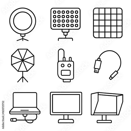 Photography Studio Icons. Outline style icons of Photography studio: Ring light, LED panel light, grid modifier, octabox softbox,