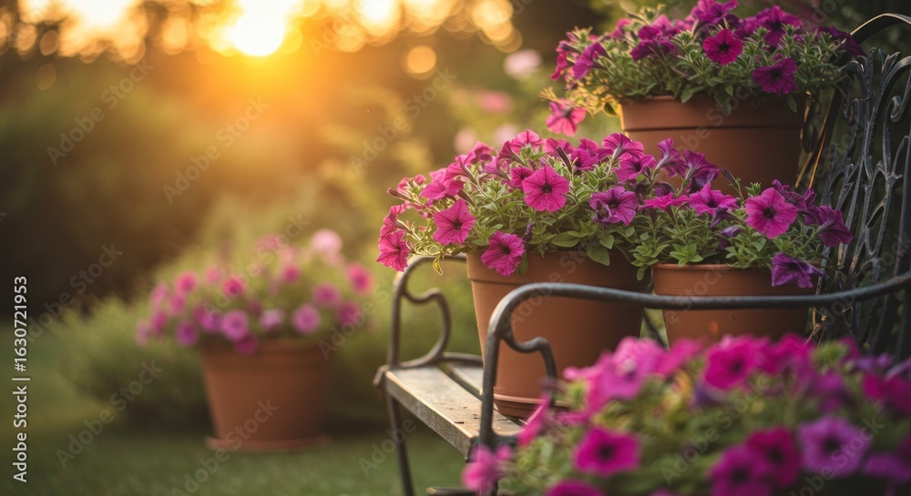 Obraz premium Garden bench with flowers at sunset