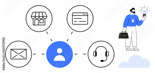 Central user icon with links to store, email, online form, and support. Man holding a lightbulb for innovation. Ideal for communication, networking, innovation, customer service digital