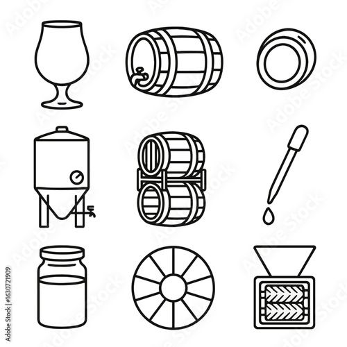 Craft Beer Icons. Outline style icons of Craft beer: snifter glass, oak aging barrel, barrel bung, foeder tank, barrel rack stand,