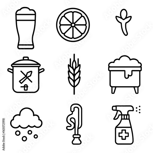 Craft Beer Icons. Outline style icons of Craft beer: wheat beer glass, orange slice garnish, clove aroma icon, decoction mash pot,