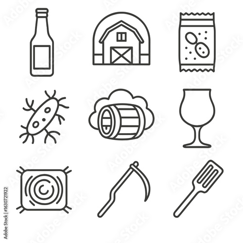 Craft Beer Icons. Outline style icons of Craft beer: farmhouse ale bottle, rustic barn emblem, saison yeast packet, brettanomyces