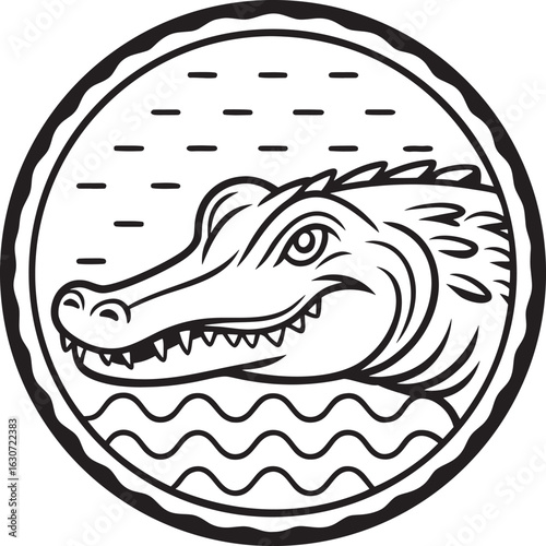 Bold Alligator or Crocodile Head Illustration in a Circular Monochromatic Line Art Design