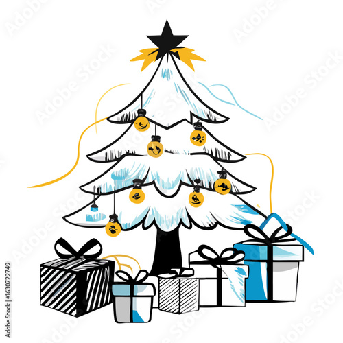 Christmas tree with decorated gifts and playful ornaments in winter  