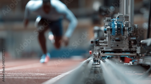 Wallpaper Mural Medium shot highlighting a cuttingedge robotic camera setup aligned with a sprinting athlete main focus on the advanced rail and motor unit with the blurred figure of the sprinter Torontodigital.ca