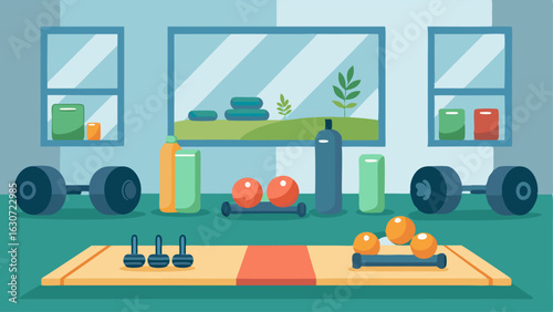A group exercise room with yoga mats and weights for physical therapy sessions.