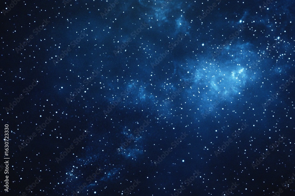 Naklejka premium Starry sky background, blue night sky full of stars, glowing stars in the dark space, starry background, dark night, stars in the distance, starlight, dark background with a blue glow, night sky. 