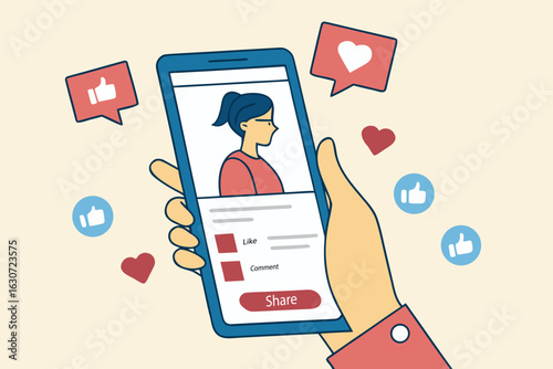 Person holding smartphone displaying dating app profile with social media likes and hearts