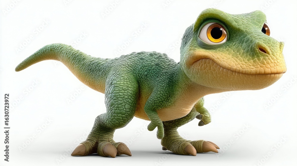 Fototapeta premium A charming cartoon dinosaur with big, expressive eyes on a clean white background.