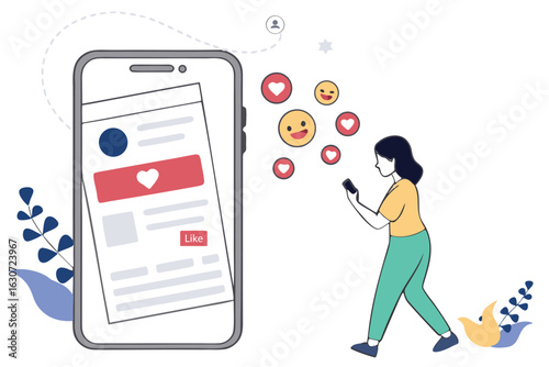 Woman using smartphone receiving likes and emojis on social media feed