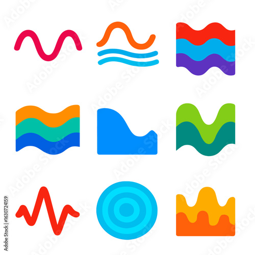 Abstract Wave Icons. Flat vector icons of abstract wave patterns: sinus wave, ripple curve line, stacked sineforms, overlapping