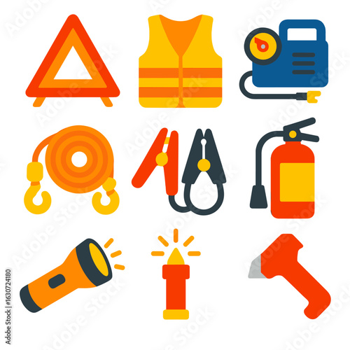 Emergency Car Tools Icons. Flat vector icons of emergency car tools: warning triangle, reflective vest, tire inflator, tow rope,