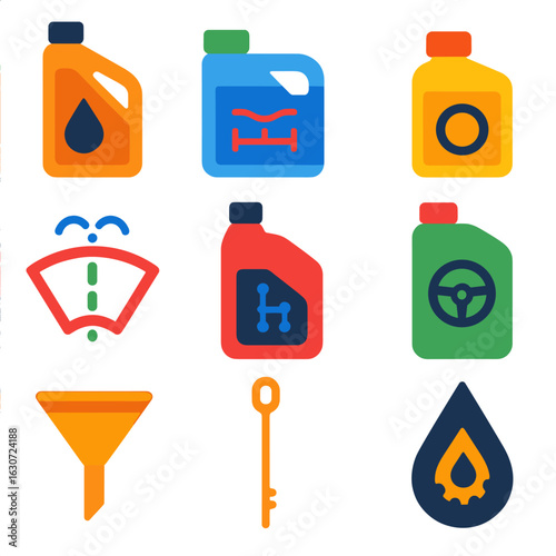 Colorful Fluid Maintenance Icons. Flat vector icons of automotive fluid maintenance: motor oil bottle, coolant reservoir, brake