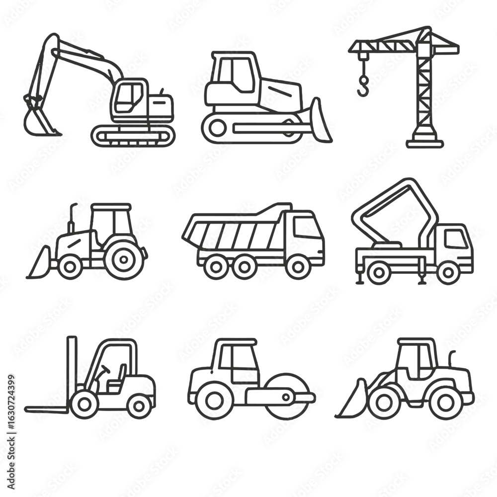 Fototapeta premium Heavy Machinery Icons. Line style icons of heavy machinery: excavator, bulldozer, crane, dump truck, backhoe, concrete pump,