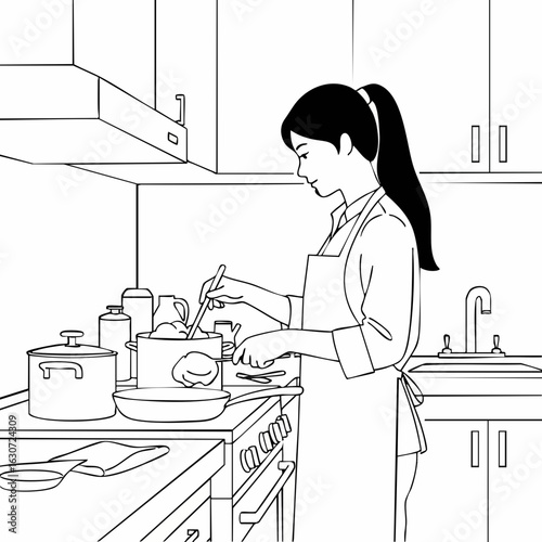 Female Chef Cooking in Modern Kitchen While Stirring Sauce for Culinary Blogs, Recipe Websites, Cooking Classes, Food Styling Tutorials, and Home Cooking Guides  