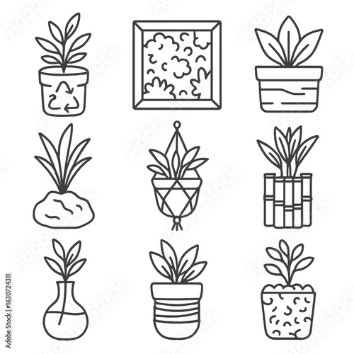 Eco-Friendly Planters Icons. Line style icons of eco-style decorative greenery: repurposed planter, moss frame, reclaimed wood pot