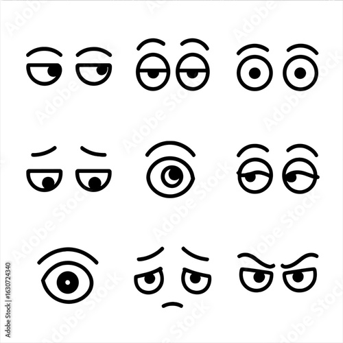 Eye Expression Icons. Line style icons of human expressions through eyes: side glance, eye roll, wide open stare, downward look,