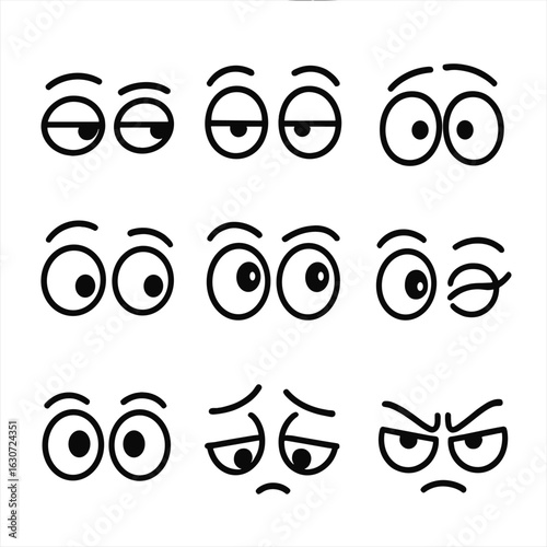 Eye Expression Icons. Line style icons of human expressions through eyes: side glance, eye roll, wide open stare, downward look,