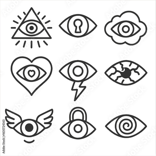 Symbolic Eye Icons. Line style icons of symbolic eye representations: all-seeing eye, eye with keyhole, eye in cloud, eye in heart