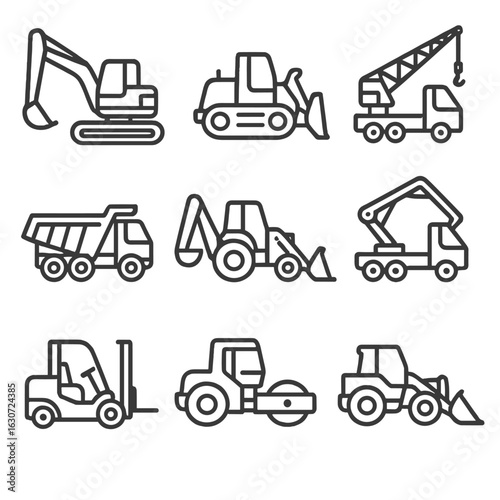Heavy Machinery Icons. Line style icons of heavy machinery: excavator, bulldozer, crane, dump truck, backhoe, concrete pump,