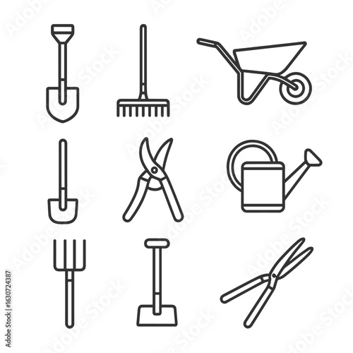 Garden Tool Icons. Line style icons of garden and landscape tools: shovel, rake, wheelbarrow, hoe, pruning shears, watering can,