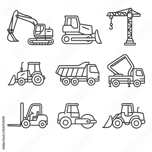 Heavy Machinery Icons. Line style icons of heavy machinery: excavator, bulldozer, crane, dump truck, backhoe, concrete pump,