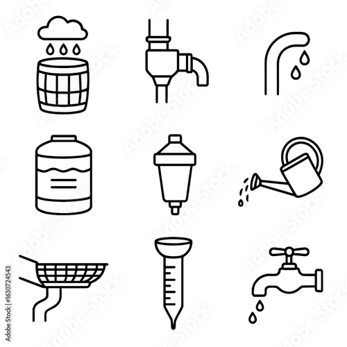 Rainwater Collection Icons. Line style icons of rainwater collection systems: rain barrel, downspout diverter, overflow hose,