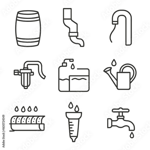 Rainwater Collection Icons. Line style icons of rainwater collection systems: rain barrel, downspout diverter, overflow hose,