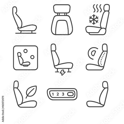 Futuristic EV Seat Icons. Line style icons of electric vehicle seat design: thin lightweight EV seat, futuristic headrest panel,