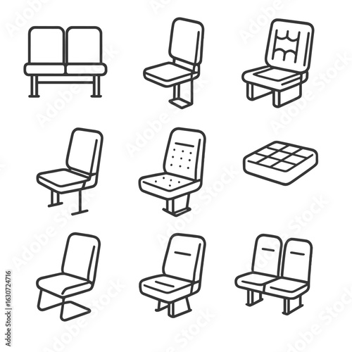 Commercial Vehicle Seat Icons. Line style icons of commercial vehicle seats: bus bench seat, van jump seat, delivery truck seat