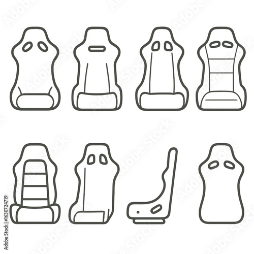 Sports Seat Icons. Line style icons of sports and racing seats: bucket seat shell, fixed headrest seat, deep side bolsters,