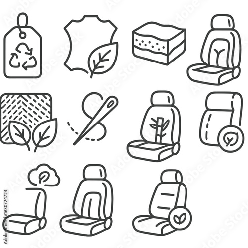 Eco-Friendly Car Seat Icons. Line style icons of sustainable car seat materials: recycled fabric tag, vegan leather texture,