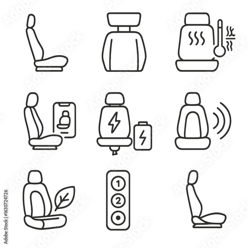 Futuristic EV Seat Icons. Line style icons of electric vehicle seat design: thin lightweight EV seat, futuristic headrest panel,