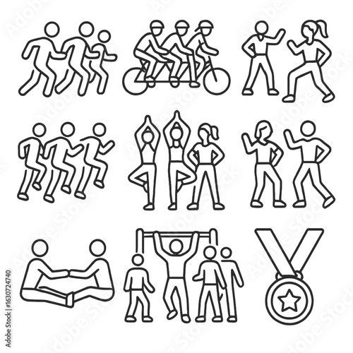 Group Fitness Icons. Line style icons of group fitness and sports: group run, team cycling, gym class icon, HIIT training group,