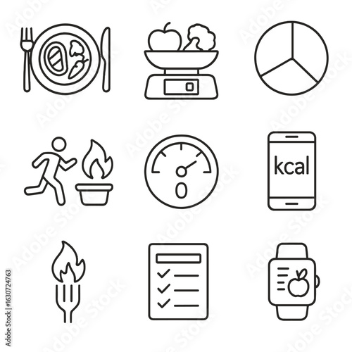 Calorie Tracking Icons. Line style icons of calorie tracking and nutrition goals: meal tracking plate, food calorie scale, daily