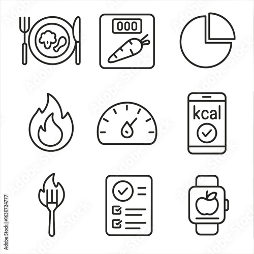 Calorie Tracking Icons. Line style icons of calorie tracking and nutrition goals: meal tracking plate, food calorie scale, daily
