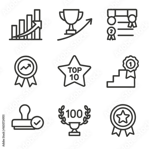 Awards Line Icons. Line style icons of performance and ranking awards: bar chart with trophy, rising arrow to cup, leaderboard