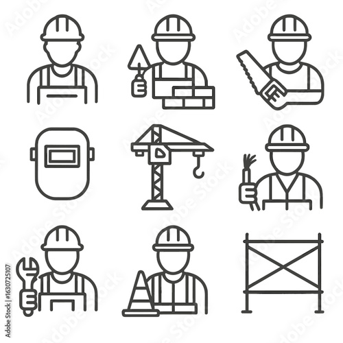 Construction Icons Series. Line style icons of construction and manual labor: builder with helmet, bricklayer with trowel,