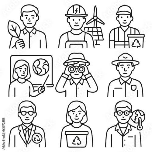 Environmental Professions Icons. Line style icons of environmental and green professions: ecologist with leaf, renewable energy