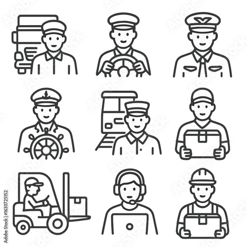 Transport Job Icons. Line style icons of transportation and logistics jobs: truck driver icon, bus driver with steering wheel,