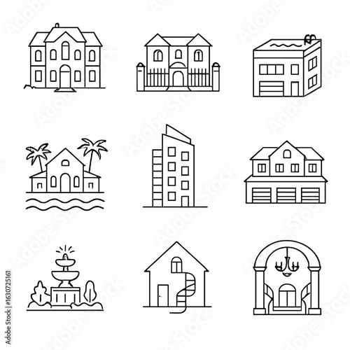 Luxury Real Estate Icons. Line style icons of luxury real estate objects: private mansion, gated estate, rooftop infinity pool,