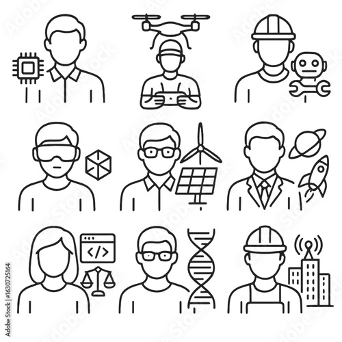 Future Professions Icons. Line style icons of professions of the future: AI engineer icon, drone pilot with controller, robot