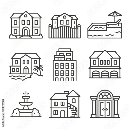 Luxury Real Estate Icons. Line style icons of luxury real estate objects: private mansion, gated estate, rooftop infinity pool,