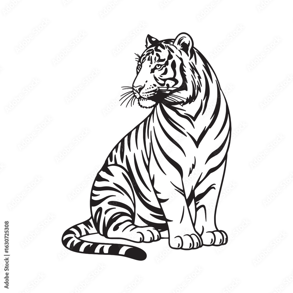 Obraz premium Sitting Tiger Vector Illustration - Calm Wild Cat EPS Clipart